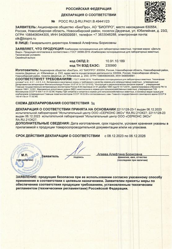 Декларация соответствия полнорационные корма для лабораторных животных по 06.12.2026